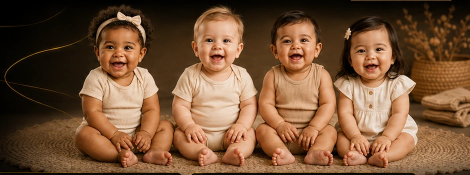 Bebês diversos usando roupas infantis básicas em tons neutros